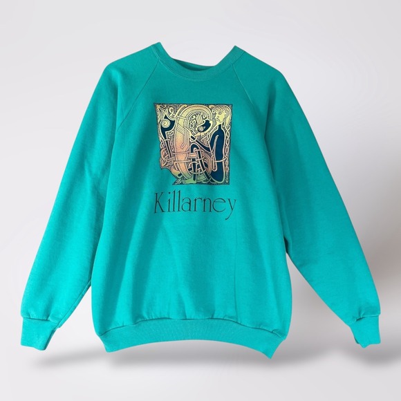 Screen Stars Tops - Vintage Killarney Ireland Celtic Art Graphic Sweatshirt Screen Stars XL Teal